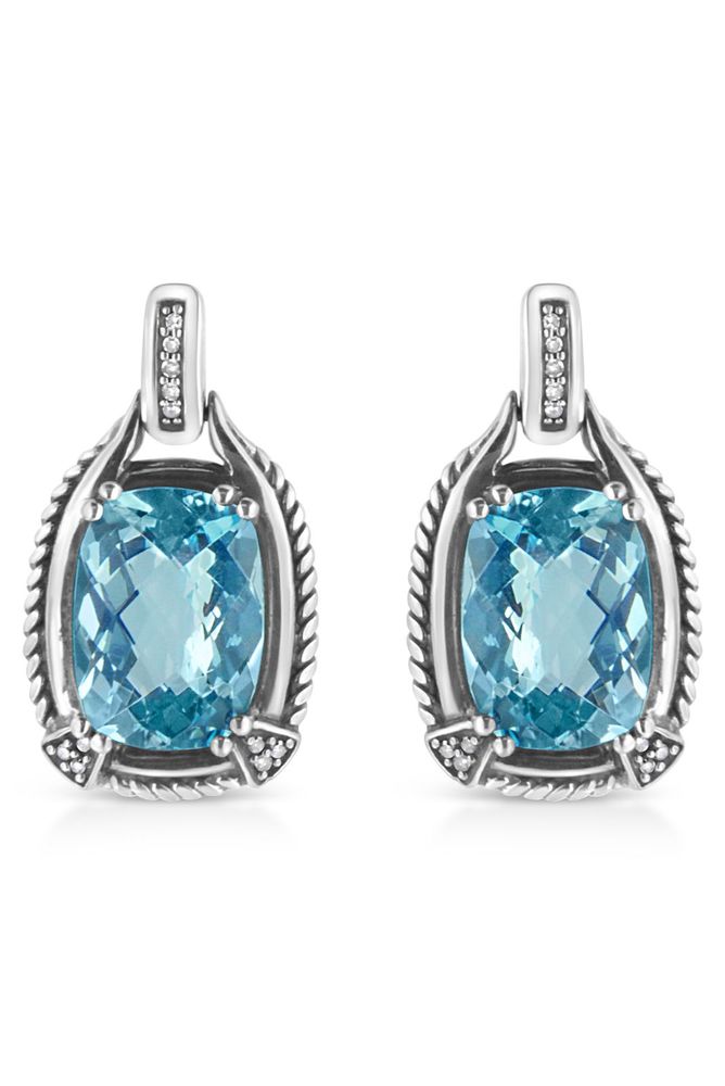 14x10MM Cushion Cut Blue Topaz Gemstone and Diamond Accent Dangle Earring